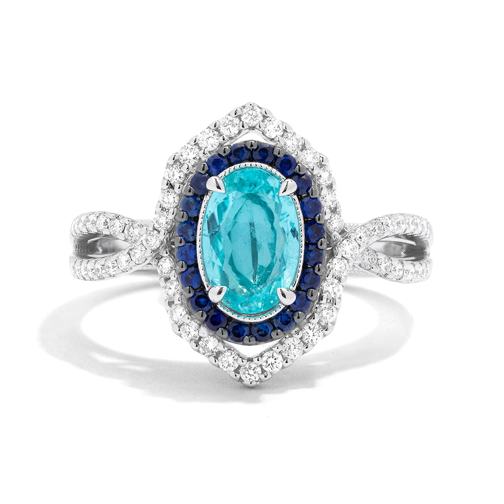 Couture Vault Oval Paraiba And Sapphire Split Shank Diamond Ring