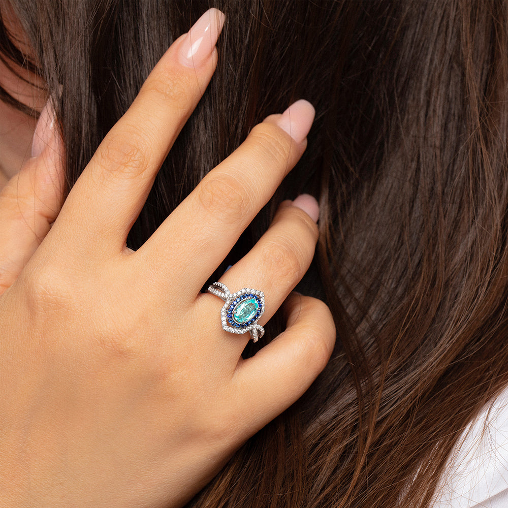 Couture Vault Oval Paraiba And Sapphire Split Shank Diamond Ring